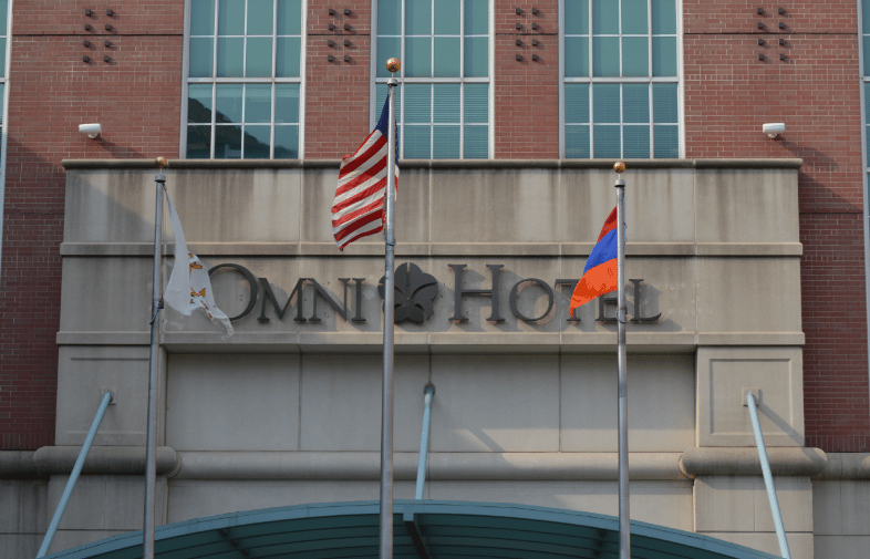 The Armenian tricolor flying at the Omni Hotel