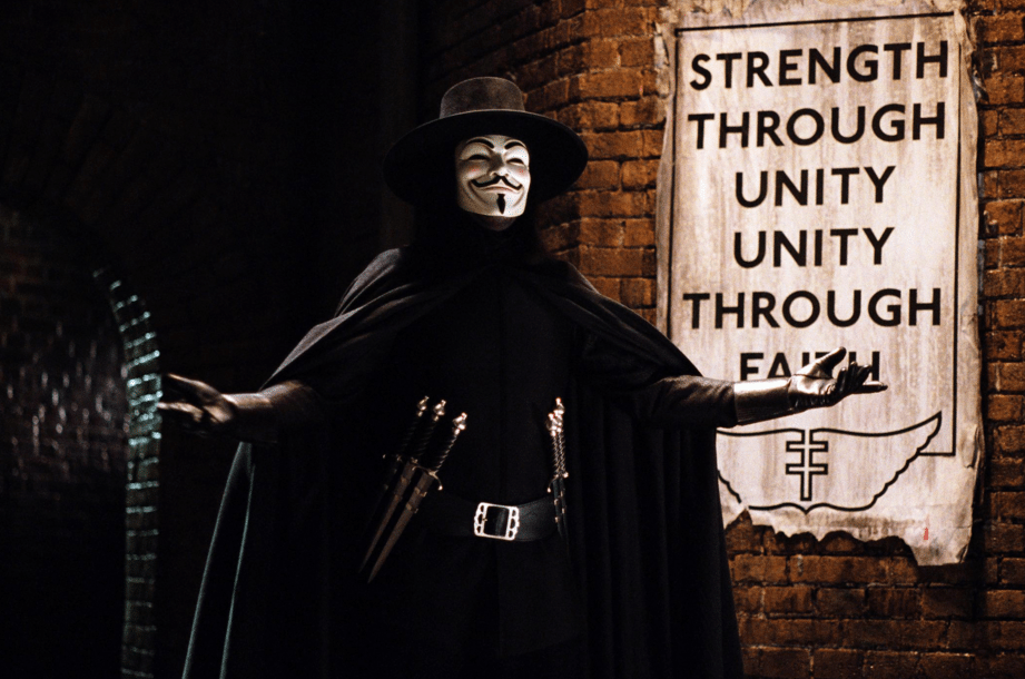 A scene from the film 'V for Vendetta' shows V in a Guy Fawkes mask