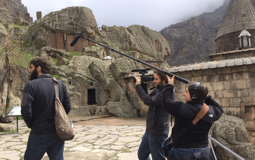 Filmmaker Stephanie Ayanian, right, is joined by partner Joseph Myers and John Sweers, a volunteer from Madison, Wis., during a shooting session in Armenia for her upcoming documentary ‘A New Armenia,’ which is a year into the works.