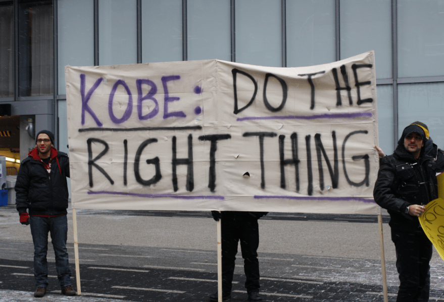 'We held banners that read “Kobe: Do the Right Thing,” and “Morals over Money,” but not a whole lot of people paid much attention to us.' (Photo: AYF Canada)