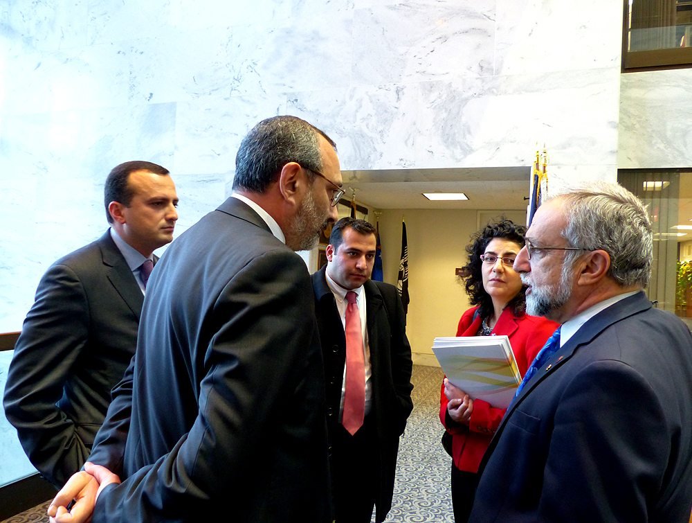  NKR Foreign Minister Karen Mirzoyan and NKR Representative to the U.S. Robert Avetisyan chat with ANCA Chairman Ken Hachikian, Government Affairs Director Kate Nahapetian, and Illinois constituent Haik Ter-Nersesyan prior to the meeting with Senator Kirk.