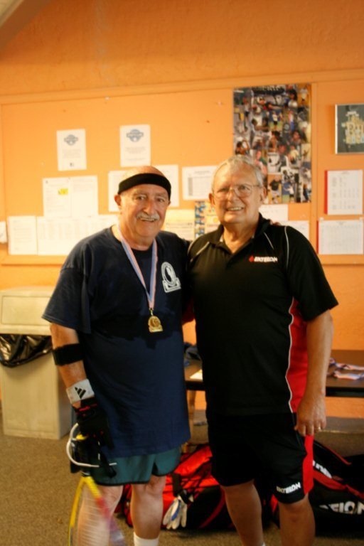 Tom Vartabedian (L) with Ron Bouchard, New Hampshire State tournament director, following the gold medal presentation at the Granite State Senior Olympic Games. 
