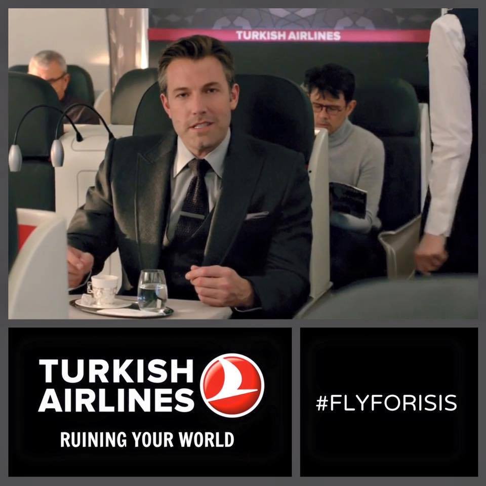 .” As the “official airline partner” of the $200 million Hollywood production, Turkish Airlines debuted a series of commercials of fictitious ads urging travellers to visit the fictional cities of Gotham City and Metropolis—the settings of the popular Batman and Superman franchises. 