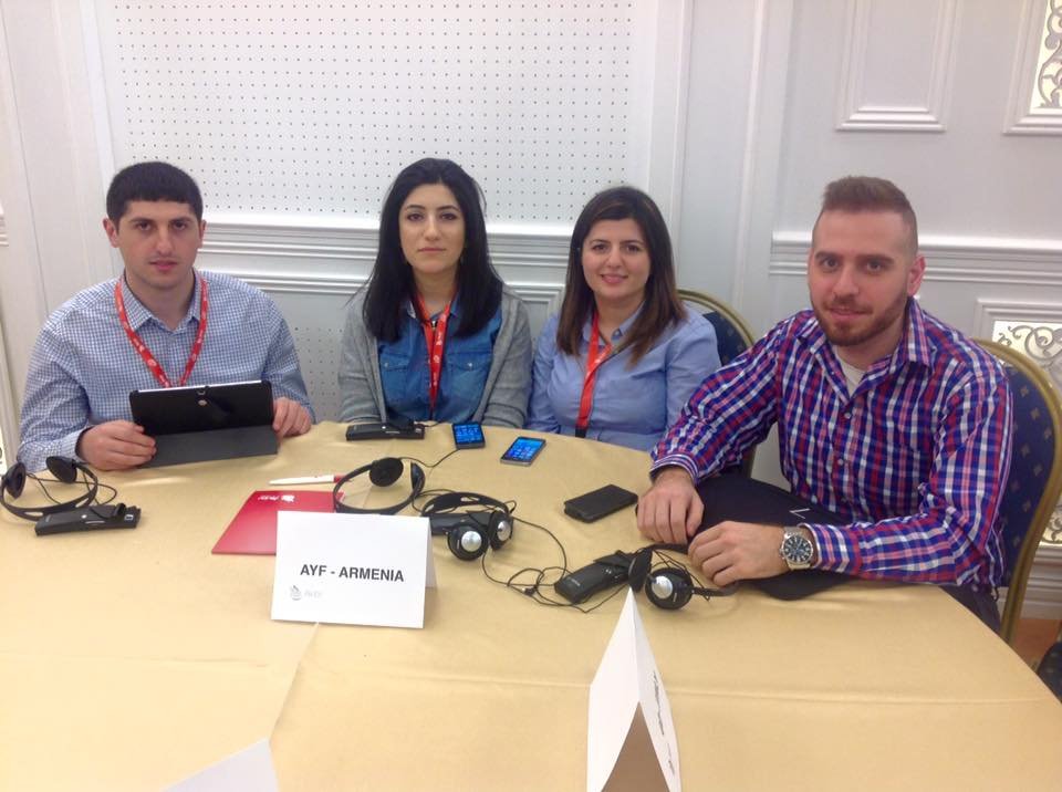The AYF delegation: (L-R) Hayk Igityan (Armenia), Arpine Martirosyan (Sweden), Sarineh Abrahamian (Netherlands), and Garabed Chadoian (Austria)