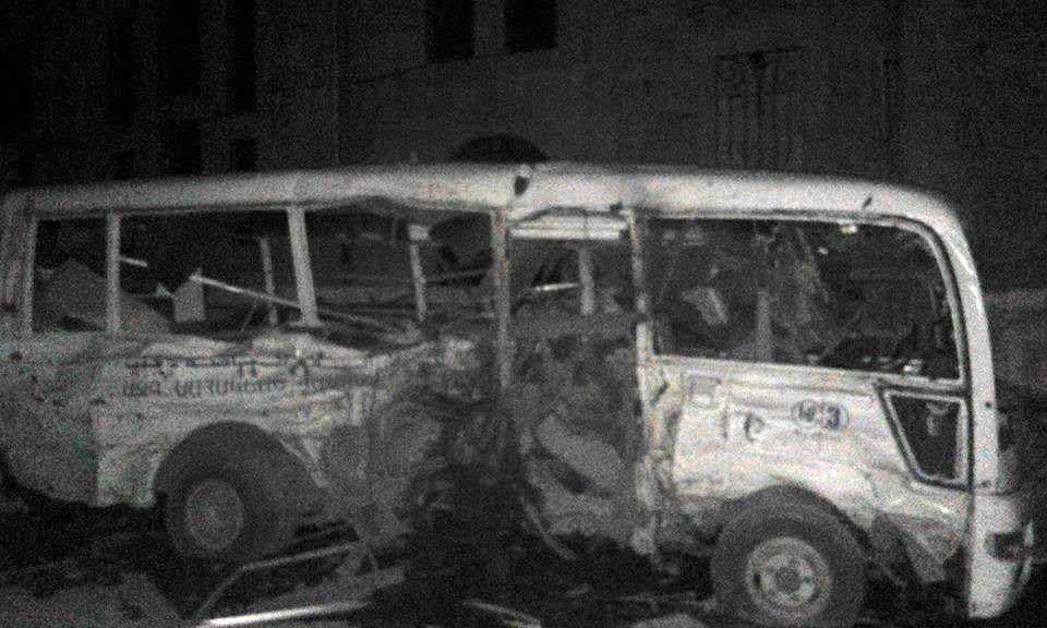 A bus belonging to the Sahagian Armenian School destroyed during the attack