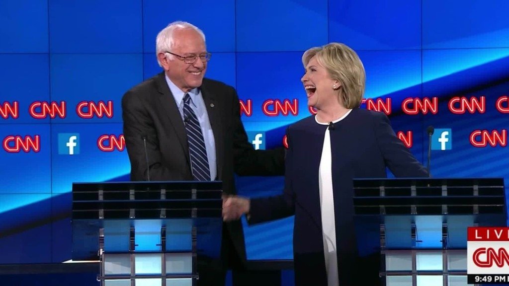 Bernie Sanders and Hillary Clinton at the first Democratic debate in October 2015. (Photo: CNN video screen shot)