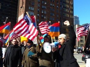 A scene from a protest held in NY, following Azerbaijan's wide scale attacks on NKR