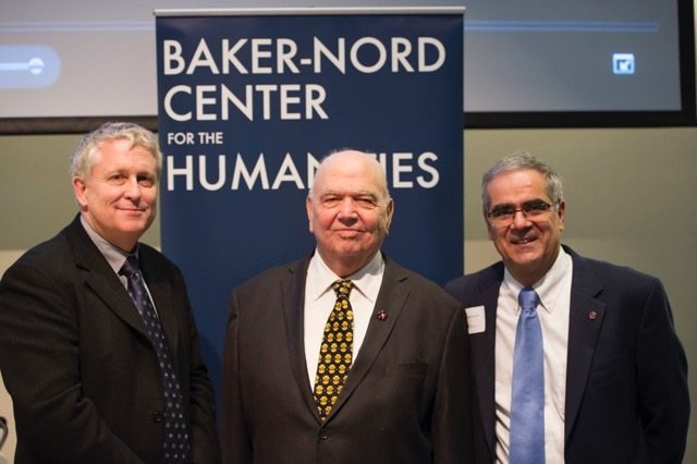 Prof. Peter Knox (left), director of the Baker-Nord Center for the Humanities at Case Western Reserve, with Richard Hovannisian, keynote speaker for the April 4 ‘Remembering War’ program. Hovannisian’s lecture entitled, ‘Under Cover of War: The Armenian Genocide and Its Continued Ramifications,’ was delivered to a full house. Ara Bagdasarian (right) is a member of the Armenian Genocide Centennial Committee of Ohio, which co-sponsored the event.