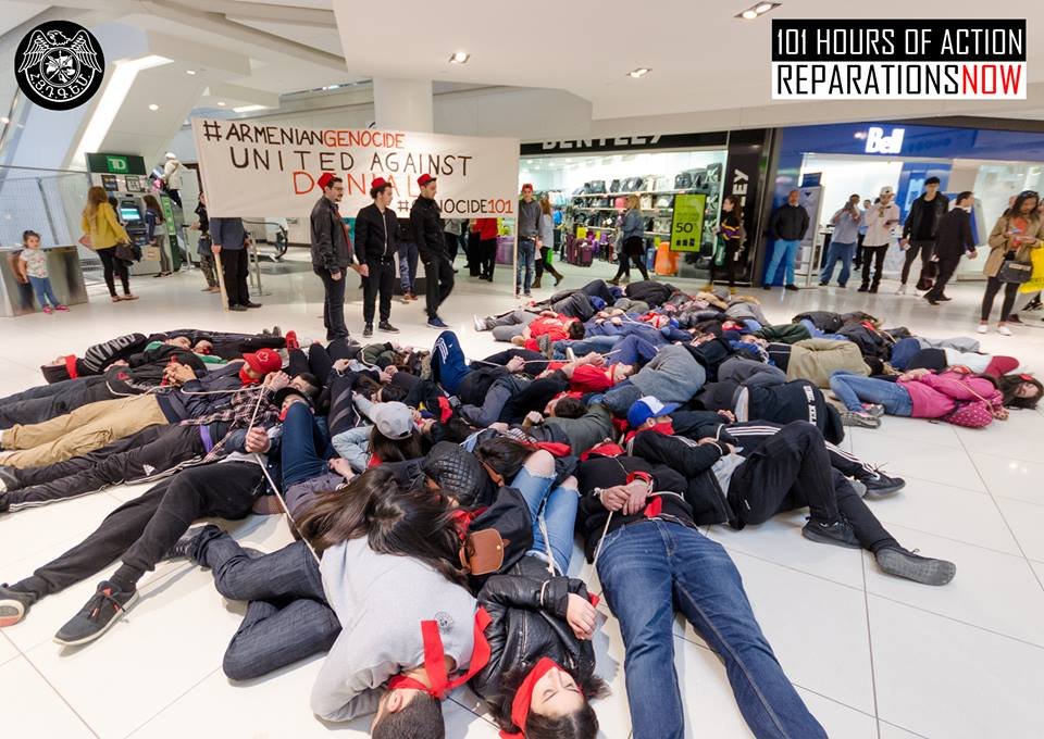 AYF members from across Canada stage die in at Ottawa's Rideau Center ahead of tomorrow's protest at the Turkish embassy. (Photo: Ishkhan Ghazarian/AYF Canada) 