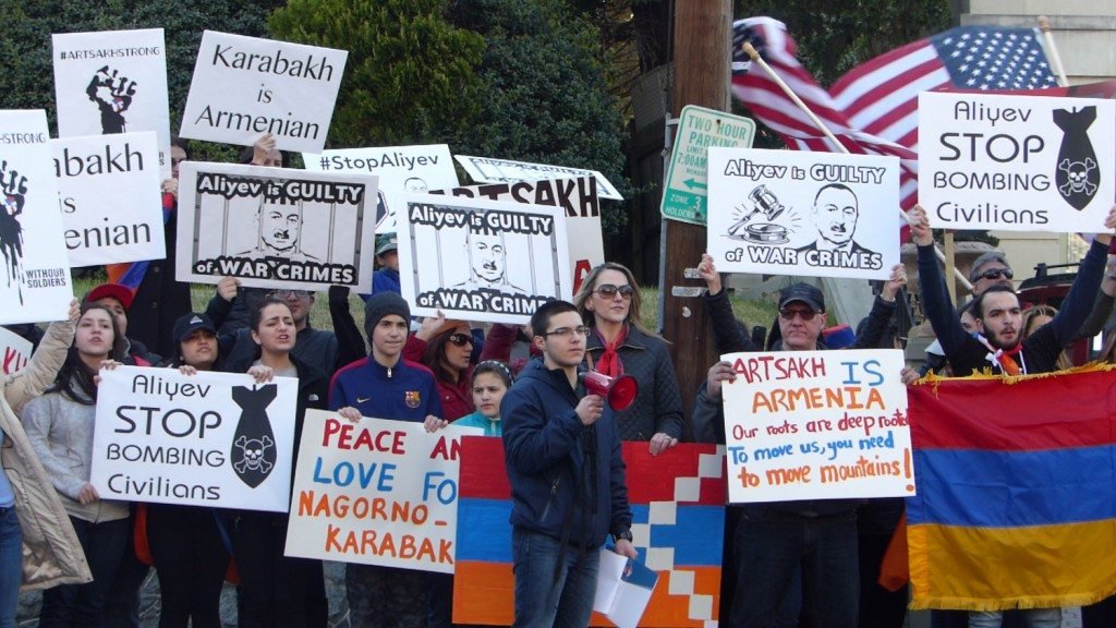 AYF Ani Chapter Chairman Sevan Yedigarian leads calls to #StopAliyev at the community protest in front of the Azerbaijani Embassy in Washington DC, organized by the ARF Sebouh Gomideh in cooperation with the Soorp Khatch Armenian Apostolic Church.