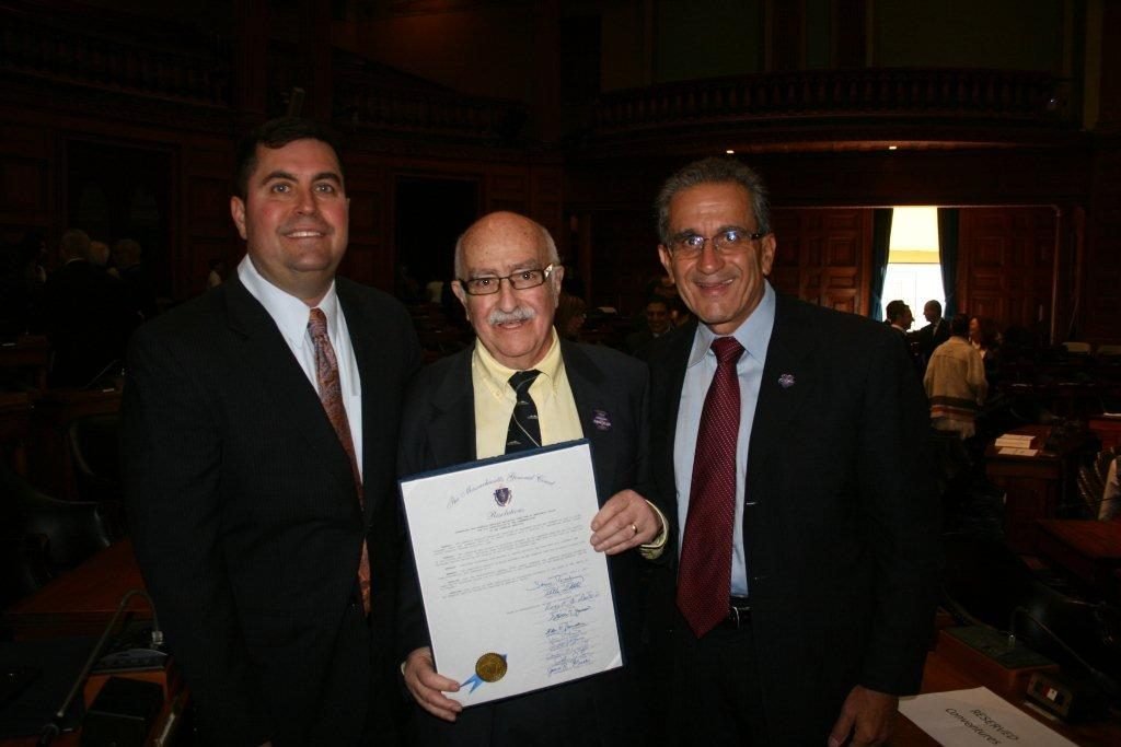 Armenian Genocide Education Committee of Merrimack Valley with state citation. From left, Chairman Dro Kanayan, Tom Vartabedian, and Dr. Ara Jeknavorian. Missing is Gregory Minasian. 