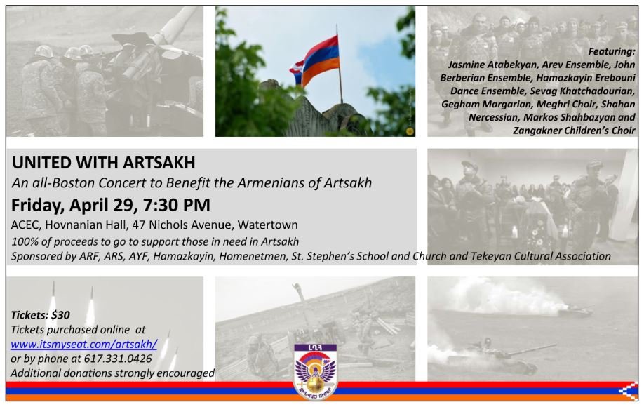 The event begins at 7:30 p.m. at the ACEC, 47 Nichols Ave. in Watertown. To purchase tickets or to make a donation, visit www.itsmyseat.com/artsakh/ or call Tatul Badalian at (617) 331-0426.