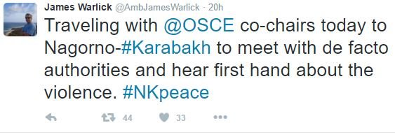 Warlick tweeted that he would be travelling to NKR with the Minsk Group Co-Chairs. (Photo: Twitter)