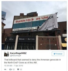 Karyn Regal of WBZ tweeted a photo of the billboard being taken down. (Photo: Twitter)