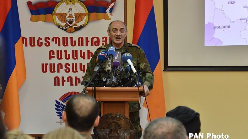 President Bako Sahakyan during the press conference donned in full military uniform. (Photo: Pan Photo)