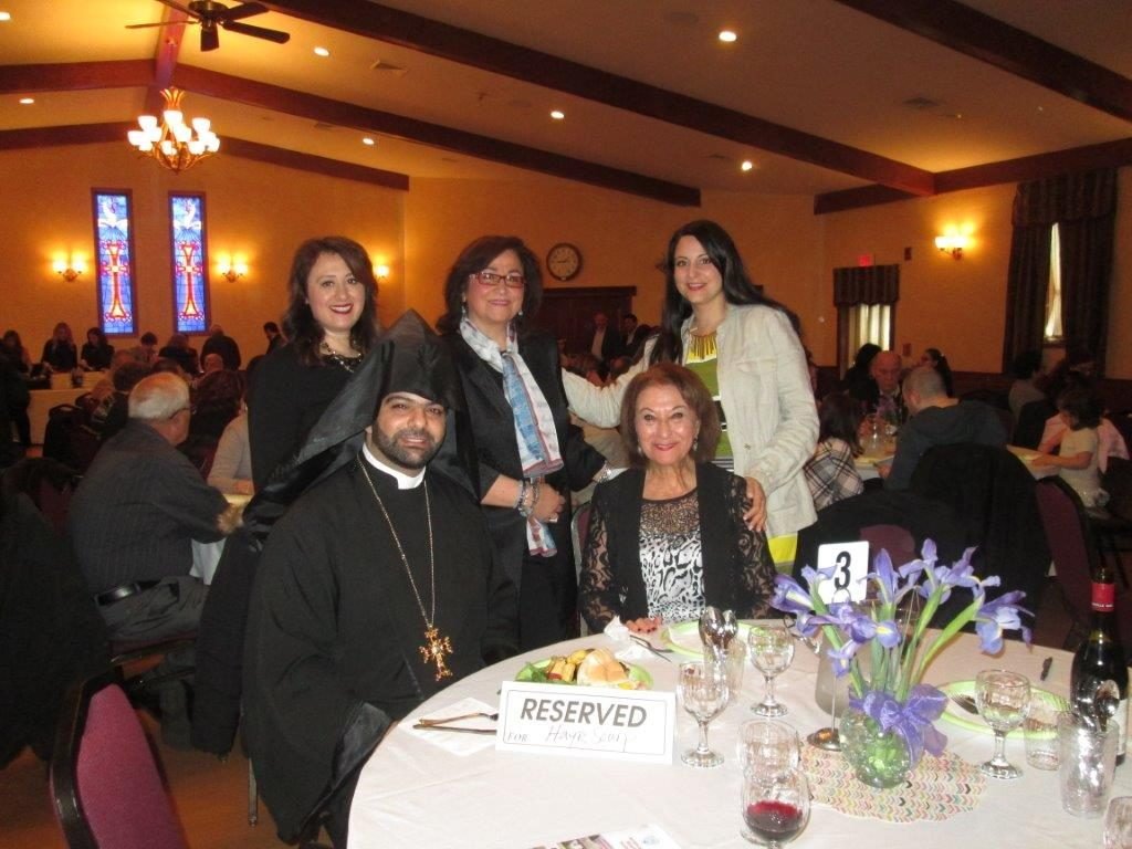 (L to R) Very Reverend Ghevont Pentezian, the new Hayr Surp of the Armenian All Saints Apostolic Church in Glenview Ill.; Nairee Hagopian, Zabelle chapter Executive Board corresponding secretary; Lesa Zakarian, Zabelle chapter Executive Board treasurer; Taleen Aivazian, Zabelle chapter Executive Board recording secretary; and Arpy Seferian, ARS chapter Executive Board chairperson