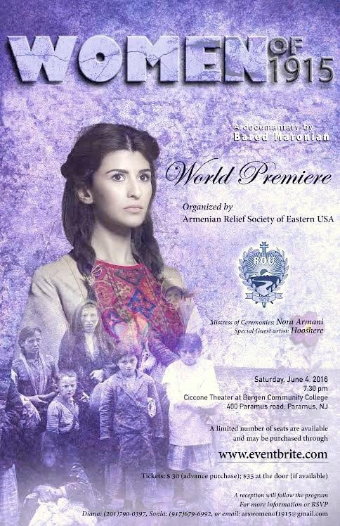 The world premiere of 'Women of 1915,' a documentary film by award-winning filmmaker Bared Maronian, is scheduled at the Bergen Community College Ciccone Theater, on Saturday, June 4, at 7:30 p.m.