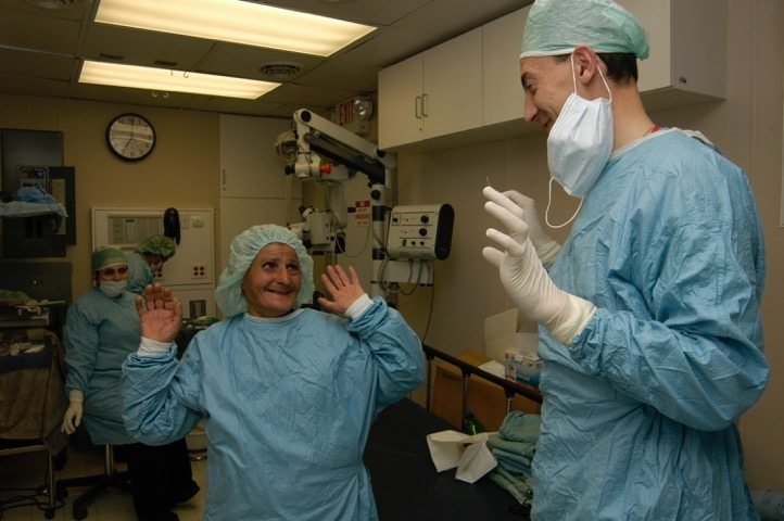 AECP Physician Asatur Hovsepyan having some fun with a colleague aboard the Mobile Eye Hospital