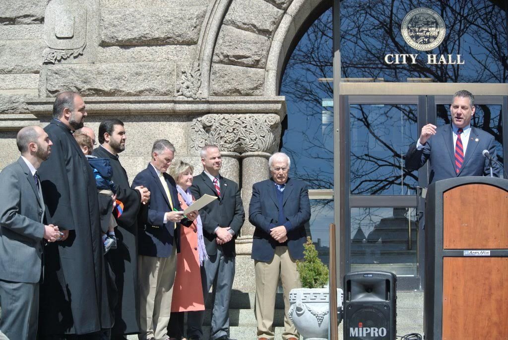 Middlesex County Sheriff Peter Koutoujian addresses a Merrimack Valley crowd during an Armenian Genocide observance in Lowell