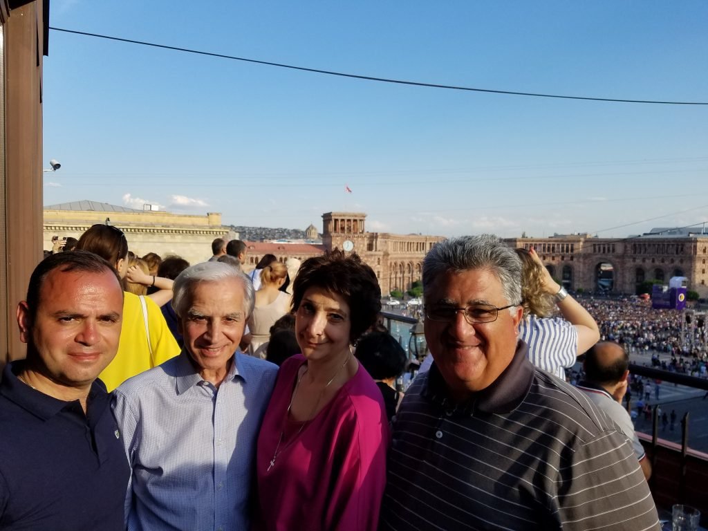 AECP Founder Dr. Roger Ohanesian and AECP Country Director Nune Yeghiazaryan join Glendale City Councilman Zareh Sinanyan and Former California State Assemblyman Anthony Portantino to watch the Pope’s address in Republic Square