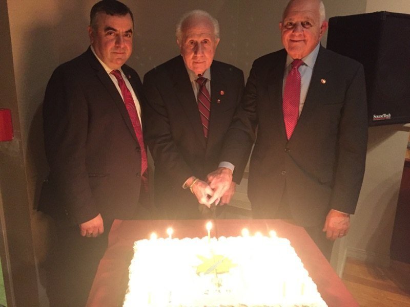 Harry Kushigian (R), is honored by the Providence Gomideh with Peter 'Doc' Bedrosian (center),, joined by Chairman Hagop Donoyan, (L)