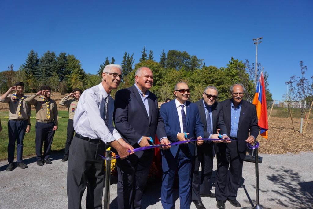 A scene from the ribbon Cutting Ceremon. (L to R) Nishan Atikian Chair of the Forest of Hope Committee, Markham Mayor Frank Scarpitti, Ambassador Armen Yeganian, Chair of the Armenian Genocide Centennial Committee Mher Karakashian, and Chair of the Armenian Genocide Centennial Committee of Ontario Krikor Chitilan