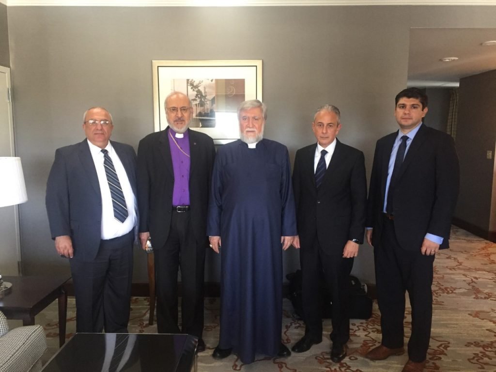(L to R) Hovsep Avakian, Archbishop Choloyan, Catholicos Aram I, Hayg Oshagan, Aram Hovagimian