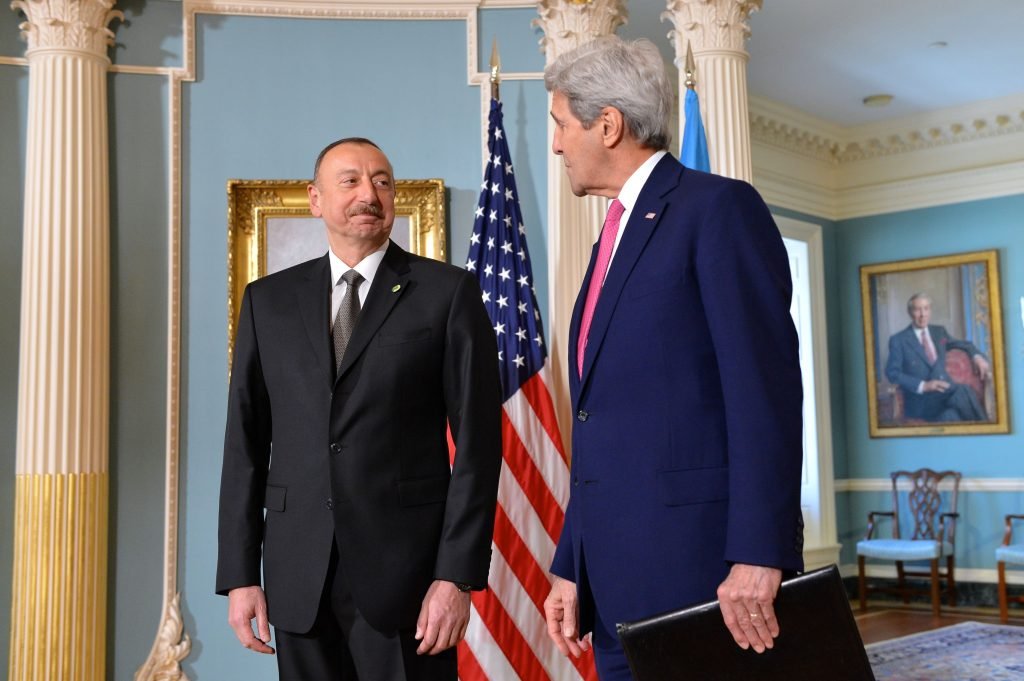 U.S. Secretary of State John Kerry and Azerbaijani President Ilham Aliyev address reporters before their bilateral meeting at the U.S. Department of State in Washington, D.C., on March 30, 2016. (Photo: U.S. Dept. of State)