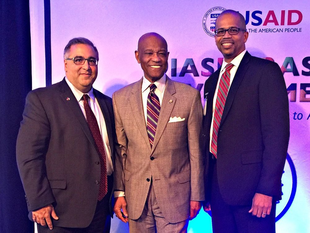 ANCA Exec. Director Aram Hamparian with USAID Deputy Administrator Alfonso E. Lenhardt and Nicolas Bassey, USAID's Division Chief for Frontier Partnerships at the Diaspora in Development 2016 forum in Washington, D.C.
