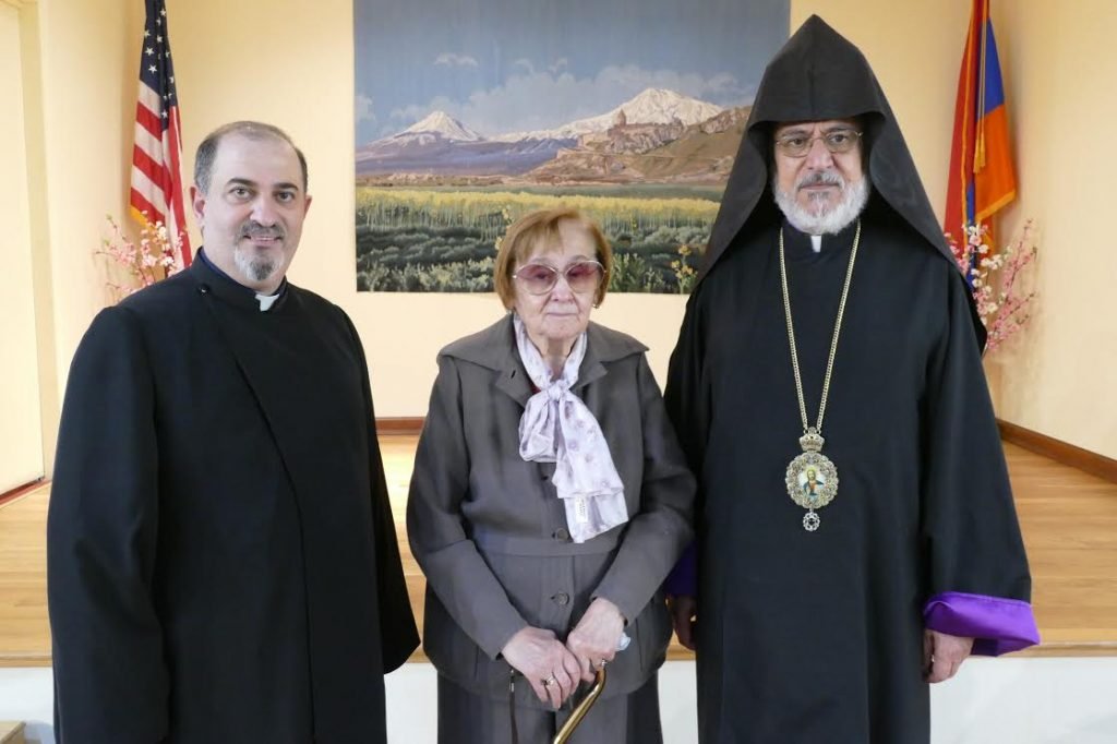 (L to R) Der Mesrob, Ms. Zarukian, and Archbishop Oshagan