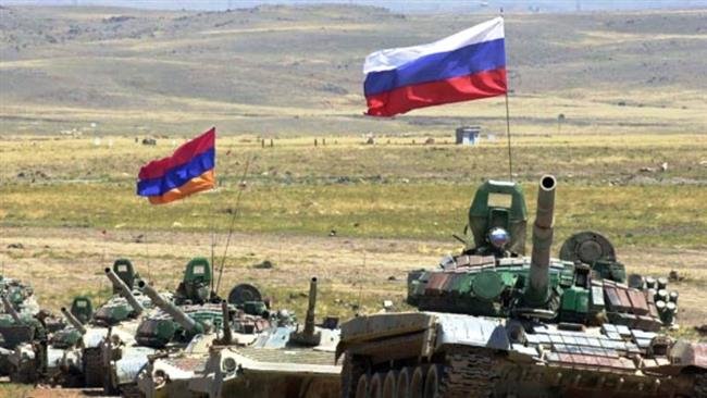 Russian and Armenian troops performing joint military drills. 