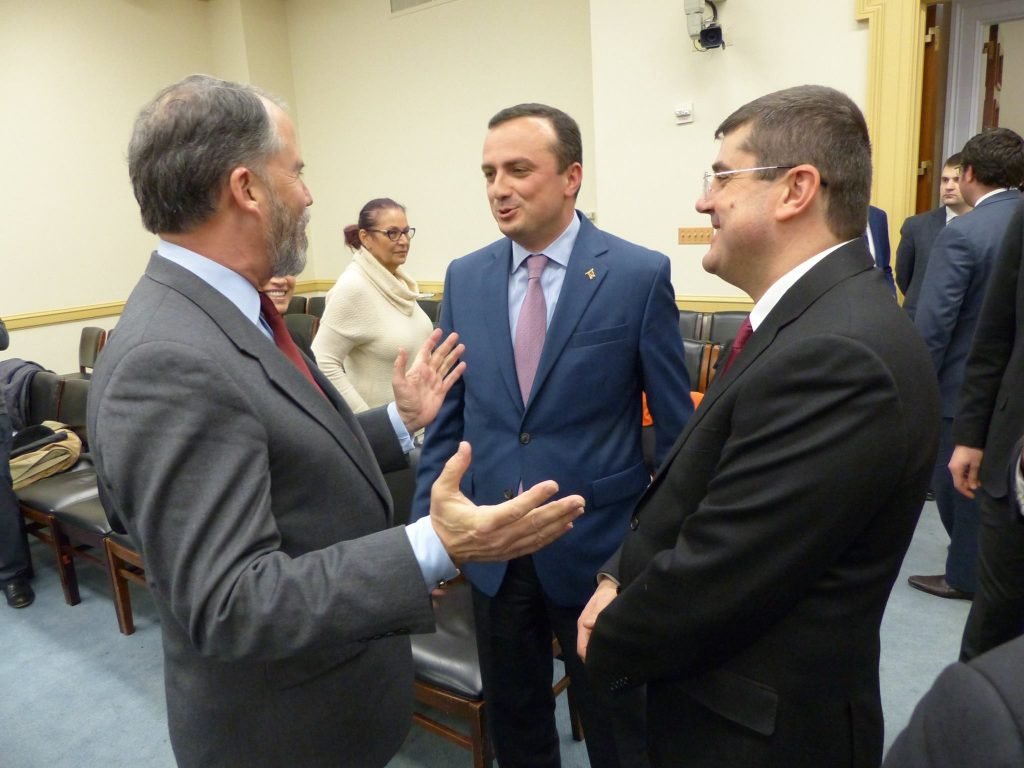 (L to R) Ambassador John Evans, Artsakh representative Robert Avetisyan, Artsakh PM Arayik Harutyunyan 