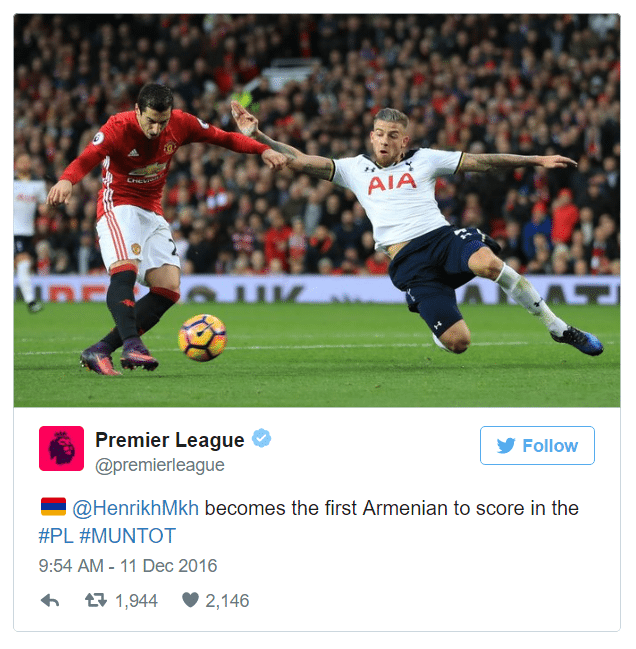 '[Henrikh Mkhitaryan] becomes the first Armenian to score in the [Premier League]' tweeted the Premier League. 